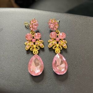Pink Teardrop Crystal Dangle Earrings - Gold Tone